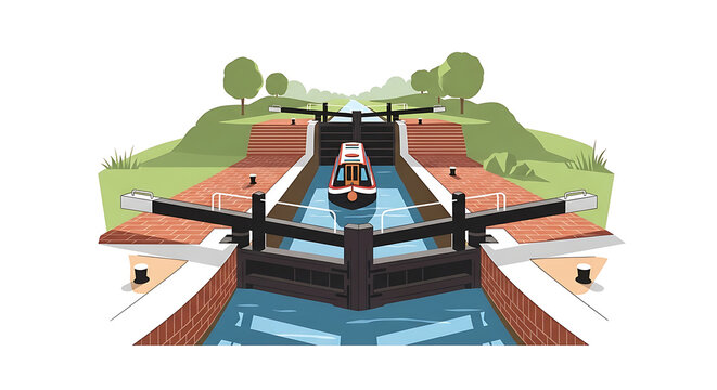 Pixel art illustration of a boat navigating a canal lock system with water gates opening and closing, surrounded by green hills and trees, evoking a sense of quaint travel and engineering