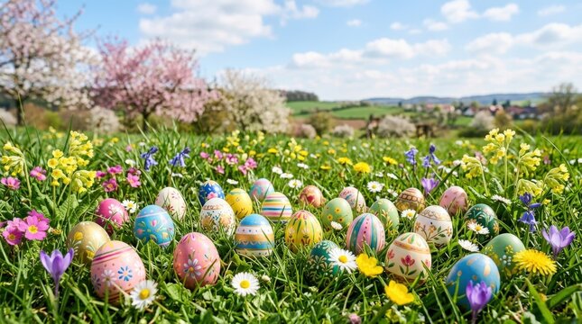 Decorated Easter eggs across green grass with vibrant flowers and bright sky, cheerful festive spring background, clean composition, natural daylight, realistic detail, no logos