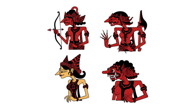 Four silhouette wayang kulit puppets, Javanese traditional theatre figures, one archer, two expressive faces, and one grotesque character, red and black pixelated illustration on white
