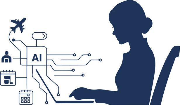 Woman using AI laptop for travel planning and personal schedule management, minimalist silhouette vector illustration