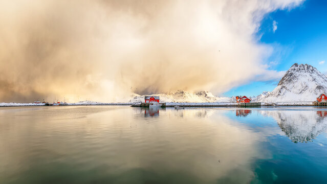 Astonishing morning view of small fishing village Ramberg at sunrise.