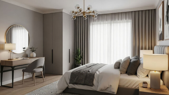 A modern bedroom with a large bed and a stylish desk area