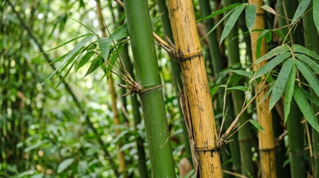 Close up bamboo stalks in green and yellow shades, fresh botanical texture, natural background, soft light, realistic detail, no logos
