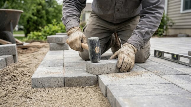 Worker leveling concrete paver block with hammer, paving installation, hardscape construction, patio or walkway building, close-up craftsmanship, outdoor daylight, realistic detail, no logos