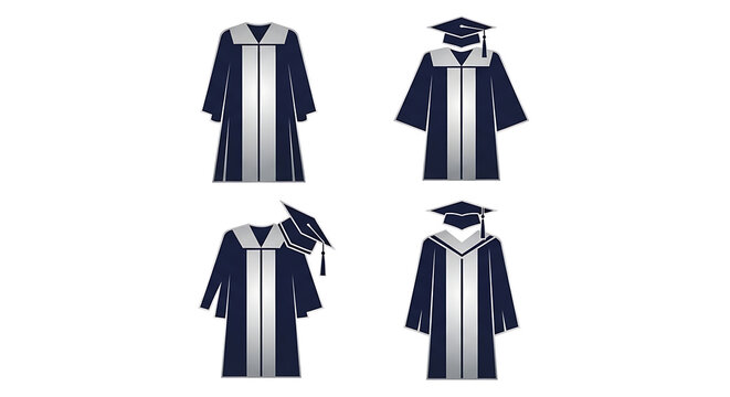 Set of graduation academic robes and mortarboard caps in navy blue with silver trim, university or college attire, education symbols