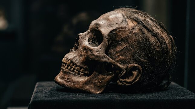 Close-up of an ancient human mummy profile with preserved skin and skull detail, archaeology and historical preservation concept, dramatic museum-style presentation, realistic texture, strong
