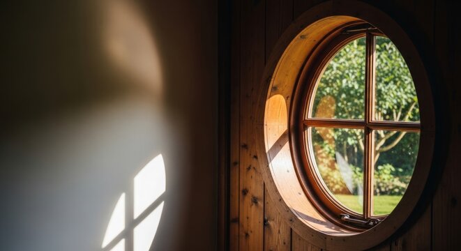 Round wooden window with garden view, natural light