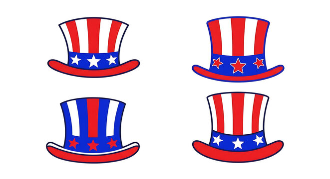 set of four uncle sam hats with red white and blue stripes and stars, patriotic americana symbols, cutout elements
