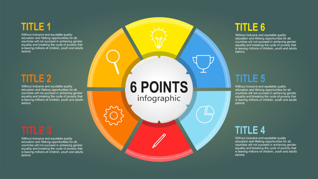 Creative circular infographic with 6 segments and icons. Perfect for process flow, strategy planning, business presentations and modern data visualization.