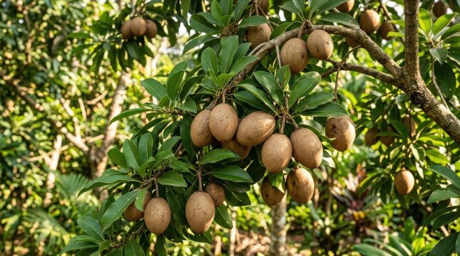 Sapodilla fruits hanging on a tropical garden tree branch in sunlight, fresh chikoo harvest for healthy eating, exotic produce, agriculture and orchard themes, brown fruit with green leaves in a