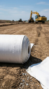 Geotextile roll on a construction site with an excavator in the background. Road foundation preparation and soil stabilization material for civil engineering and modern road works.