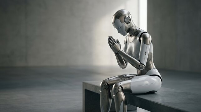 Futuristic humanoid robot in a contemplative prayer-like pose, advanced artificial intelligence concept, sleek android figure, reflective metallic surface, minimal clean background, dramatic soft