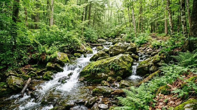 Lively forest stream flowing over moss covered boulders, lush foliage and fresh water movement, serene woodland landscape, vibrant natural textures, soft daylight, no logos