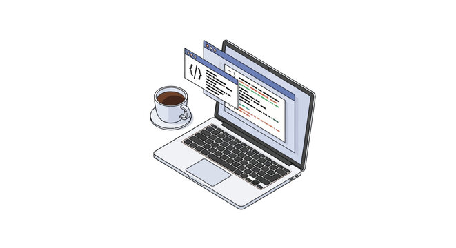 Isometric Illustration of Laptop with Floating Code Windows and Coffee Cup, Software Development and Web Design Concept on White Background