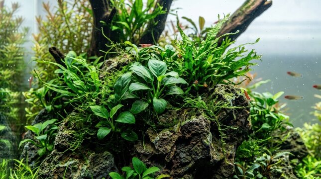 Green aquatic plants growing on rocks in an aquarium, underwater nature close up with fresh texture and natural composition, crisp realistic detail, no logos