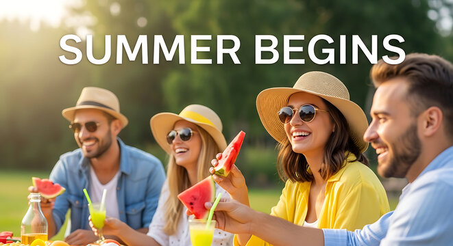 Friends enjoying a summer picnic outdoors with watermelon and drinks, celebrating the start of summer with smiles and laughter