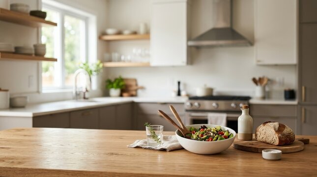 Blurred modern kitchen background with wooden countertop and appliances, clean product display scene for food, kitchenware and lifestyle branding, realistic materials, balanced composition, soft