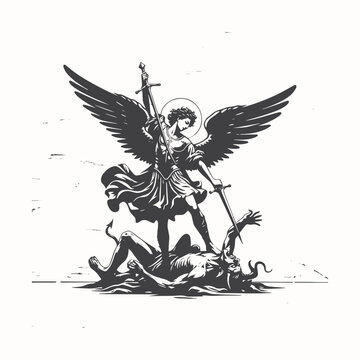 illustration of angel michael fighting the devil. black and white art . vector graphic illustration art	