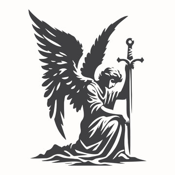 illustration of angel michael carrying a sword black and white art . vector graphic illustration art	