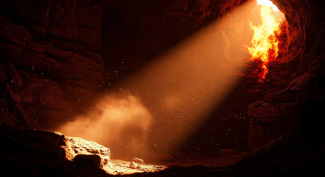 Bright golden light ray shining into a dark cave transparent png perfect for adventure concepts and cinematic photography