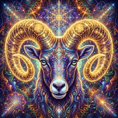 Fototapeta premium Symmetrical Ram Head with Golden Fractal Horns in Visionary Abstract Style Isolated Portrait