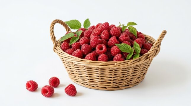 Raspberries in basket on white background, fresh product presentation, refined detail, premium visual clarity, clean copy space feel, contemporary stock style, crisp commercial mood, refined market
