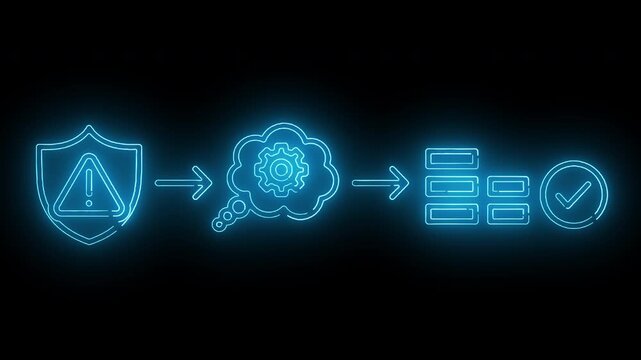 Neon blue icons depicting security, analysis, data, and verification on a black background with a glowing effect.