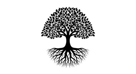 A striking black and white illustration of a full leafy tree with detailed roots © Kobita