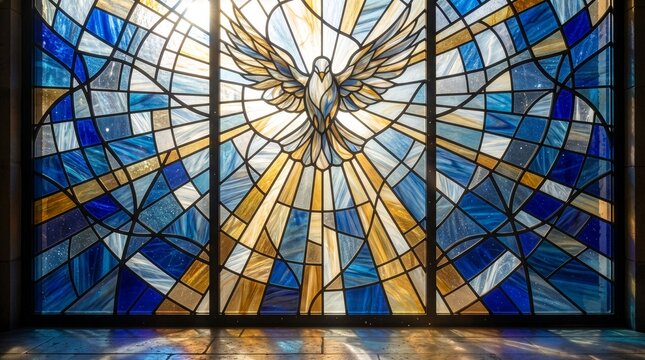 Modern Stained Glass Art of Descending Dove and Spirit