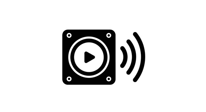 Black speaker icon with play button and sound waves emitting