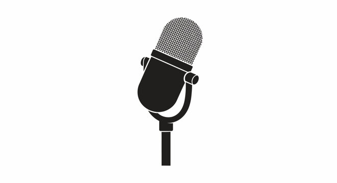 A simple black silhouette of a vintage style microphone on white