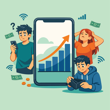 Expensive Mobile Data Plans &ndash; Smartphone Users React to Rising Internet Costs Vector Scene