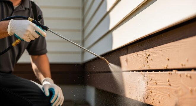 Pest control professional in gray polo shirt and white gloves sprays termiticide from wand onto wooden house siding and deck joists to eliminate infestation