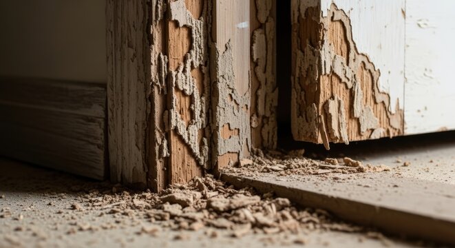 Severe termite damage on wooden frame close up home infestation problem