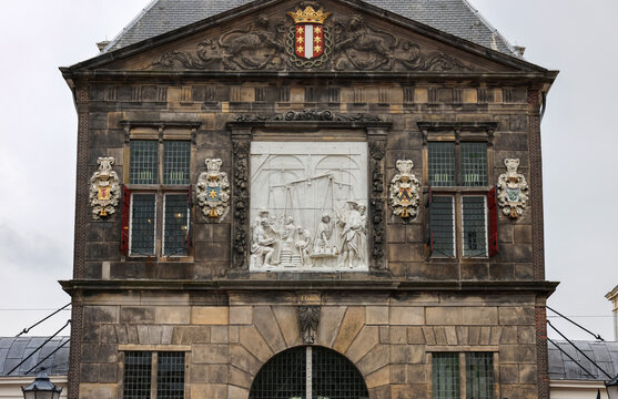 The facade of the Waag building - the historic municipal scale for weighing cheese in Gouda. the Nehterlands