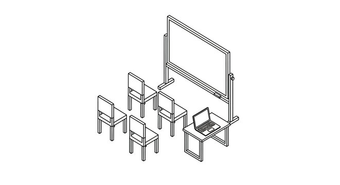 Minimalist Isometric Classroom Illustration with Whiteboard, Desk, and Chairs Line Art