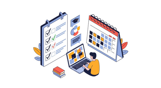 Isometric Illustration of a Person Managing Tasks with a Large Calendar and Checklist for Productivity and Online Learning