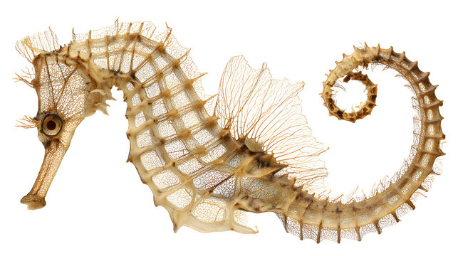 Ultra realistic HD dried seahorse delicate structure, isolated on white background