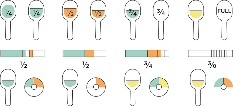 Measuring spoon capacity levels vector illustration showing fractional fills and progress bars for cooking measurement guide kitchen infographic and recipe education