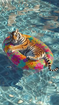 Tiger peacefully floating on a colorful inflatable raft in a luxury rooftop pool, with hyper-realistic water and reflections, cinematic, whimsical, and surreal high-end visual.