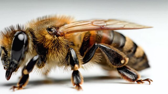 Closeup Macro Shot of a Honey Bee on a White Background.