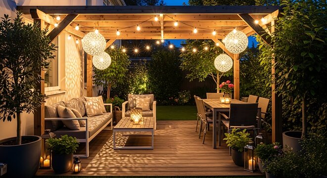 Beautifully lit outdoor patio with furniture and plants on wooden deck at evening  relaxing backyard seating area with pergola