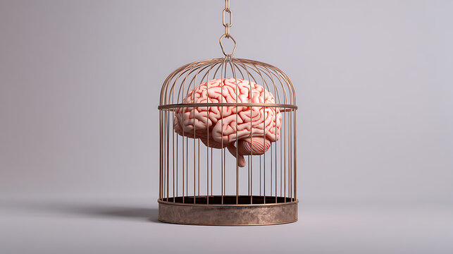Restricted Mind: An Anatomical Brain Model Confined Within a Vintage Style Birdcage, Symbolizing Limitation, Mental Constraint, or Trapped Thought