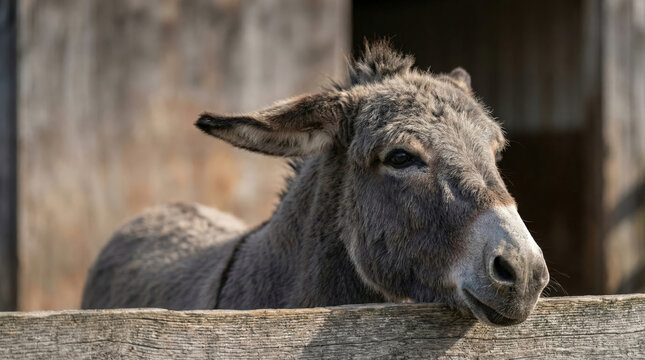 Gray donkey looking over wooden fence. Farm animal portrait for rural life concept. Outdoor scene showing gentle livestock.