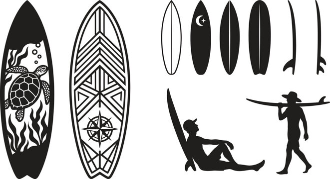Black silhouettes of various surfboards and surfers on white background