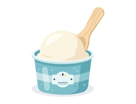 Vanilla Ice Cream Tub with Wooden Scoop &ndash; Minimal Flat Dessert Illustration
