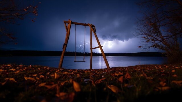 Dramatic Lightning Flash over Calm Lake Behind Silhouette of Wooden Swing Set at Night