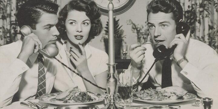 black and white photo of 1950s housewife on vintage telephone while eating with husband, who is also on the phone