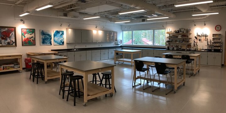 photo of an art classroom filled with desks and artistic supplies for school - empty with no students