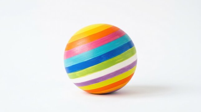 Bright striped sphere on white background, playful abstract object with bold color bands and clean minimal presentation, realistic detail, no logos